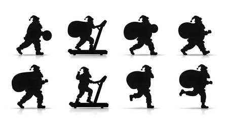 Santa Claus Working Out at the Gym Silhouette Set isolated on plain white background.のイラスト素材