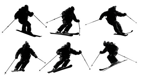 Santa Claus Skiing Downhill Silhouette Set isolated on plain white background.のイラスト素材