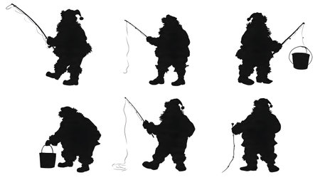 Santa Claus Fishing Silhouette Hobby Collection isolated on plain white background.のイラスト素材
