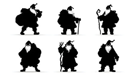 Santa Claus Using Modern Technology Silhouette Set isolated on plain white background.のイラスト素材