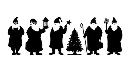 Santa Claus Reading List and Letters Silhouette Set isolated on plain white background.のイラスト素材