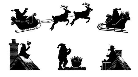 Narrative of Santa's Christmas Visit Silhouette Set isolated on plain white background.のイラスト素材
