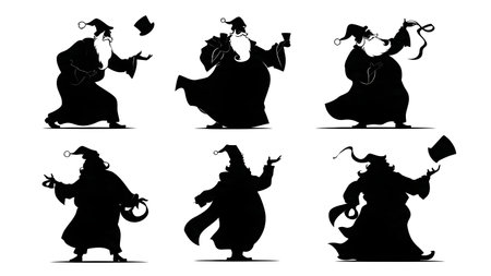 Santa Claus Performing Simple Magic Tricks Silhouettes isolated on plain white background.のイラスト素材