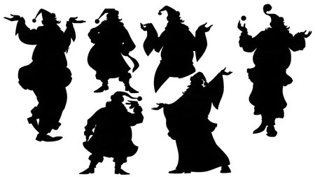 Santa Claus Performing Simple Magic Tricks Silhouettes isolated on plain white background.のイラスト素材