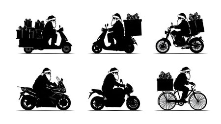 Santa Claus Driving Modern Vehicles Silhouette Pack isolated on plain white background.のイラスト素材