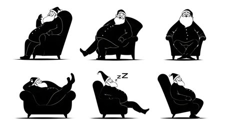 Resting and Sleeping Santa Claus Silhouette Pack isolated on plain white background.のイラスト素材
