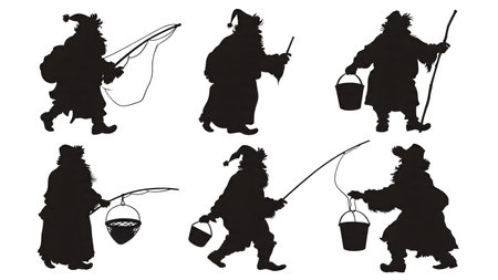 Santa Claus Fishing Silhouette Hobby Collection isolated on plain white background.のイラスト素材