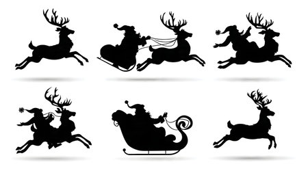 Santa Claus Riding a Single Reindeer Silhouette Pack isolated on plain white background.のイラスト素材