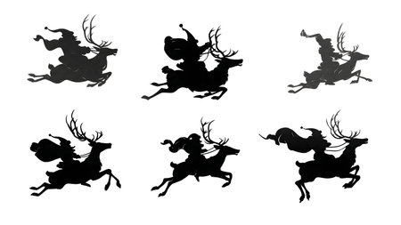 Santa Claus Riding a Single Reindeer Silhouette Pack isolated on plain white background.のイラスト素材