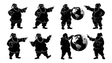 Santa Claus with World Globe Silhouette Set isolated on plain white background.のイラスト素材