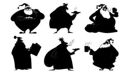 Silhouettes of Santa Claus Eating Cookies and Milk isolated on plain white background.のイラスト素材