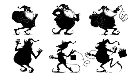 Santa Claus and Mischievous Elf Silhouette Scenes isolated on plain white background.のイラスト素材