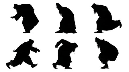 Comical Santa Claus Tripping and Stumbling Silhouettes isolated on plain white background.のイラスト素材