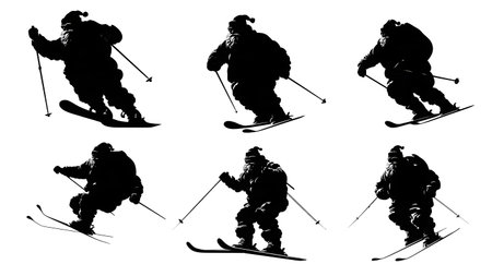 Santa Claus Skiing Downhill Silhouette Set isolated on plain white background.のイラスト素材