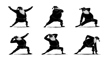 Santa Claus Stretching and Warming Up Silhouette Set isolated on plain white background.のイラスト素材