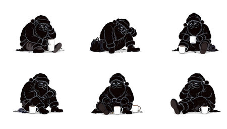 Tired Santa Claus with Coffee Mug Silhouette Pack isolated on plain white background.のイラスト素材