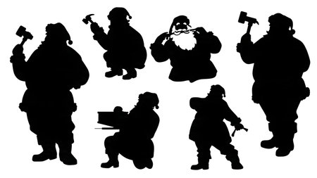 Santa Claus in the Workshop Silhouette Vector Set isolated on plain white background.のイラスト素材