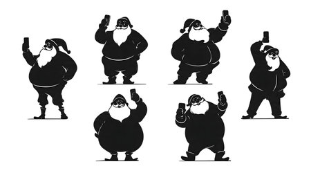 Santa Claus Taking a Selfie Silhouette Set isolated on plain white background.のイラスト素材