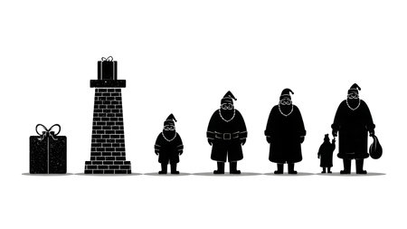 Tiny Santa Claus and Giant Object Silhouette Set isolated on plain white background.のイラスト素材