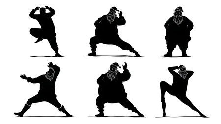 Santa Claus Stretching and Warming Up Silhouette Set isolated on plain white background.のイラスト素材