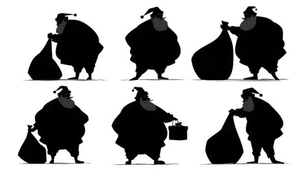 Santa Claus with His Sack of Gifts Silhouette Pack isolated on plain white background.のイラスト素材