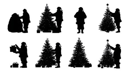 Santa Claus and Christmas Tree Interaction Silhouettes isolated on plain white background.のイラスト素材