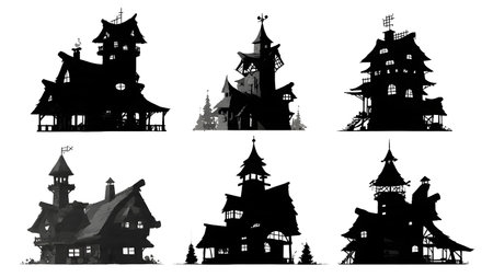 Santa's Workshop Exterior Silhouette Collection isolated on plain white background.のイラスト素材