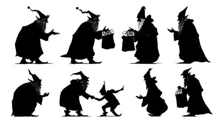 Santa Claus and Mischievous Elf Silhouette Scenes isolated on plain white background.のイラスト素材