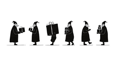 Santa Claus with Gift Boxes Silhouette Set of Six isolated on plain white background.のイラスト素材