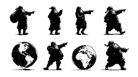 Santa Claus with World Globe Silhouette Set isolated on plain white background.のイラスト素材