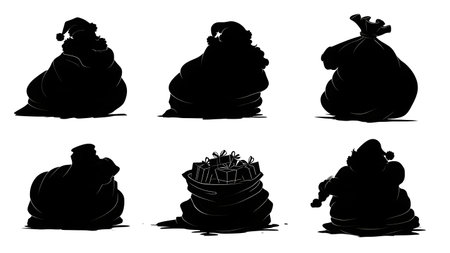 Santa's Sack Silhouette Set (Empty, Full, Torn) isolated on plain white background.のイラスト素材