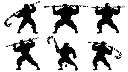 Strong Santa Claus Weightlifting Candy Cane Silhouettes isolated on plain white background.のイラスト素材