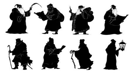 Vintage Santa Claus with Traditional Tools Silhouettes isolated on plain white background.のイラスト素材