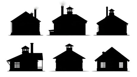 Santa's Workshop Exterior Silhouette Collection isolated on plain white background.のイラスト素材