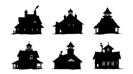 Santa's Workshop Exterior Silhouette Collection isolated on plain white background.のイラスト素材