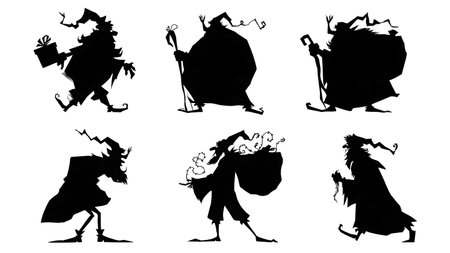 Santa Claus and Mischievous Elf Silhouette Scenes isolated on plain white background.のイラスト素材