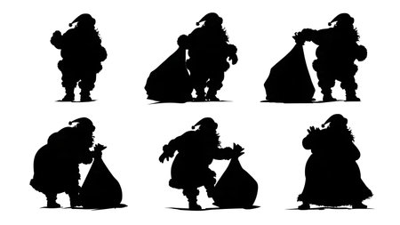 Santa Claus Packing Awkward Gift Silhouette Set isolated on plain white background.のイラスト素材