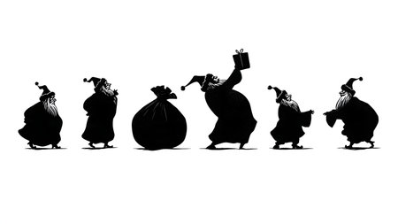 Santa Claus Packing Awkward Gift Silhouette Set isolated on plain white background.のイラスト素材