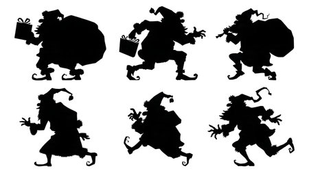 Comical Santa Claus Tripping and Stumbling Silhouettes isolated on plain white background.のイラスト素材