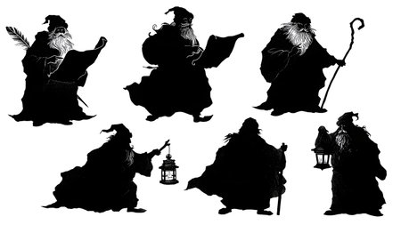 Vintage Santa Claus with Traditional Tools Silhouettes isolated on plain white background.のイラスト素材