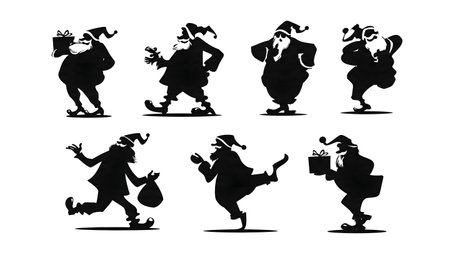 Comical Santa Claus Tripping and Stumbling Silhouettes isolated on plain white background.のイラスト素材