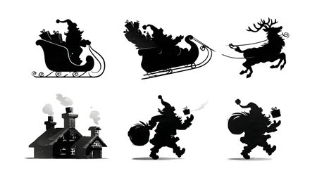 Narrative of Santa's Christmas Visit Silhouette Set isolated on plain white background.のイラスト素材
