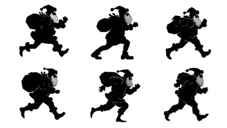 Running Santa Claus in a Hurry Silhouette Collection isolated on plain white background.のイラスト素材