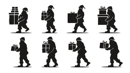 Santa Claus with Gift Boxes Silhouette Set of Six isolated on plain white background.のイラスト素材