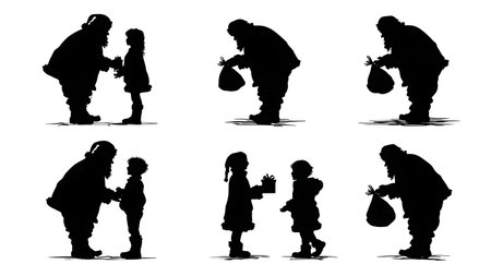 Santa Claus Giving Gift to a Child Silhouette Set isolated on plain white background.のイラスト素材