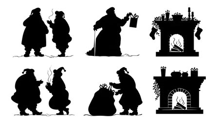Santa Claus by the Fireplace Silhouette Set isolated on plain white background.のイラスト素材