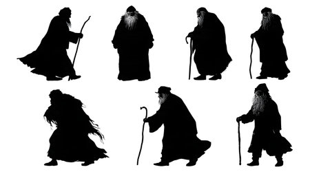 Very Old Santa Claus with Walking Stick Silhouettes isolated on plain white background.のイラスト素材