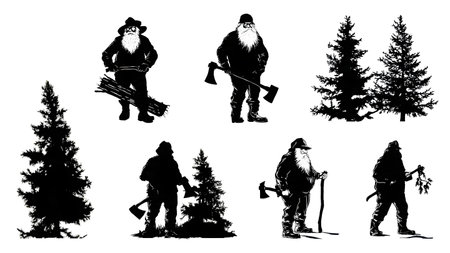 Lumberjack Santa Claus with Axe Silhouette Pack isolated on plain white background.のイラスト素材