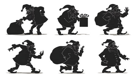 Mischievous and Playful Santa Claus Silhouettes isolated on plain white background.のイラスト素材