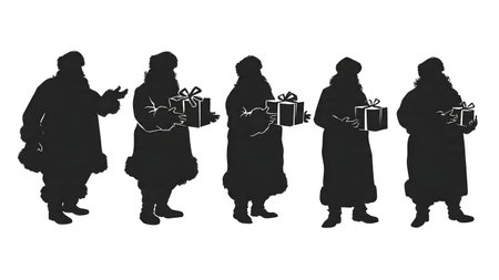 Santa Claus Holding a Single Gift Box Silhouettes isolated on plain white background.のイラスト素材